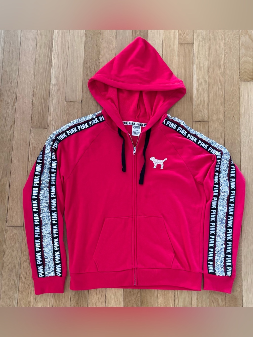 PINK Victorias Secret Full Zip Hoodie M Medium Sequin Bling Dog Pink Jacket RARE